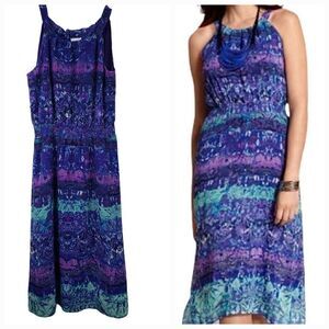 Chico’s Blue Watercolor Halter Chiffon Dress Sleeveless Smocked Waist Knee Midi